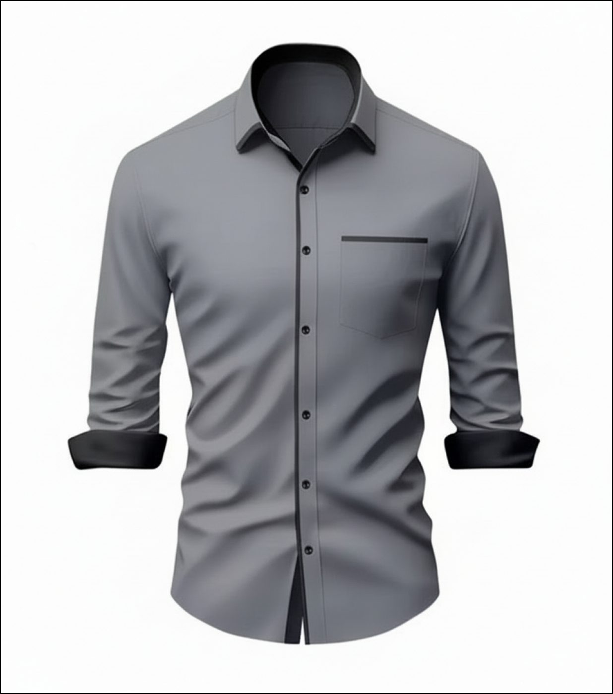 Gray long-sleeve button-down with black trim on collar, pocket, and placket. Features black rolled-up cuffs.