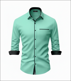Mint green shirt with black accents on a white background