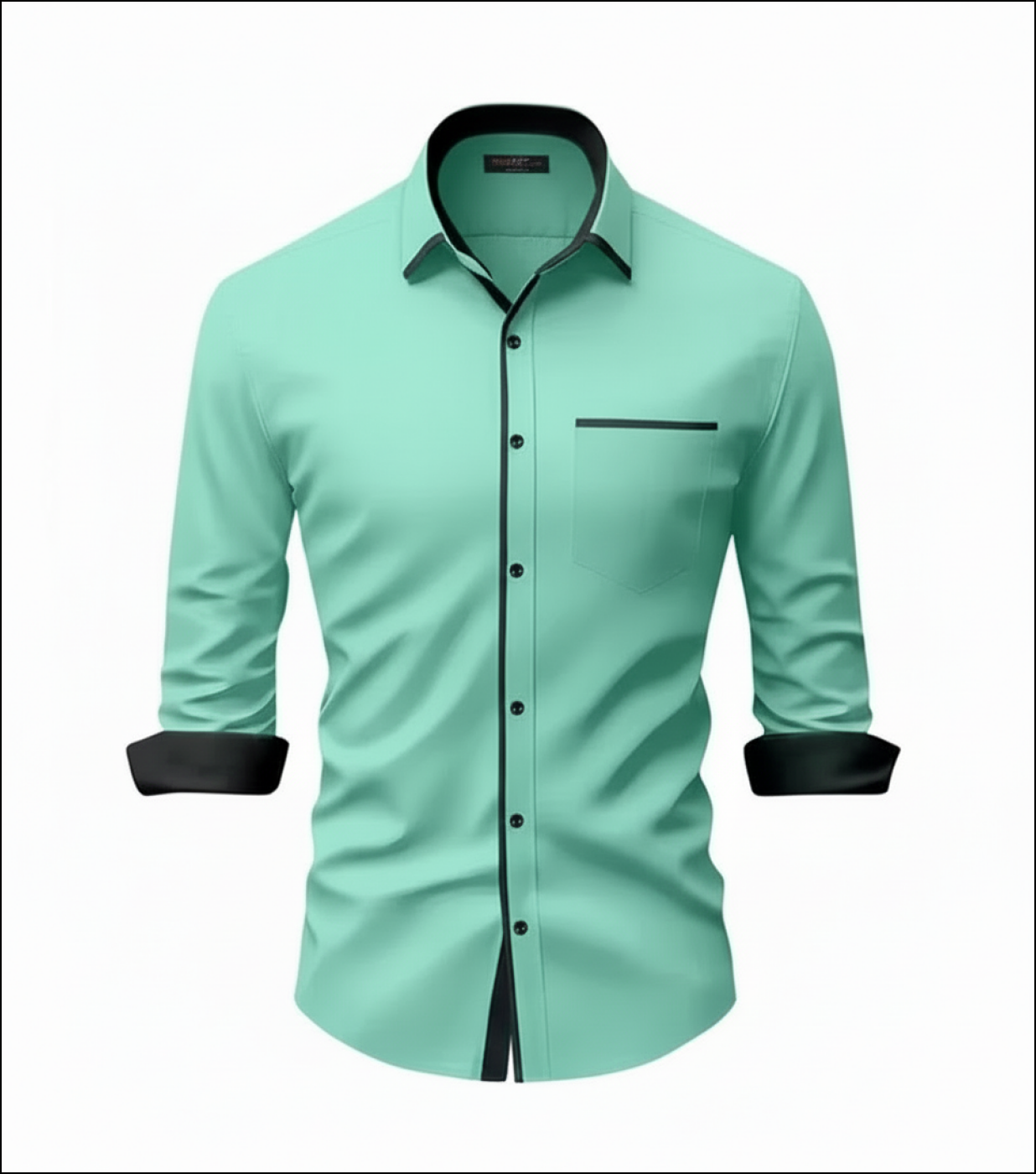 Mint green shirt with black accents on a white background