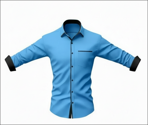 Blue dress shirt with black accents on a white background