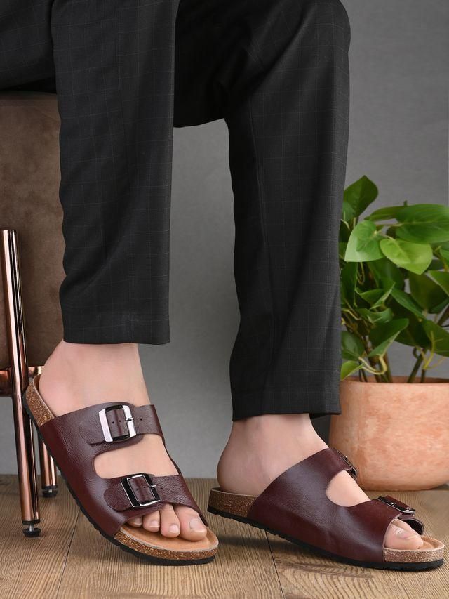 Men's cherry leather slipper with stylish buckles and cork sole for comfort and style
