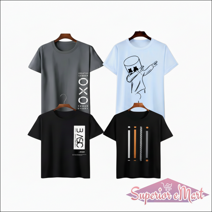 Four t-shirts on hangers with different designs against a white background