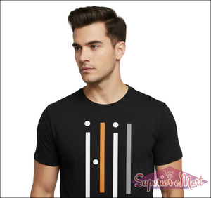 Man wearing a black t-shirt with a minimalist design on a white background
