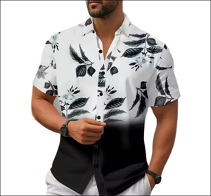 Men's short-sleeve button-down featuring a white-to-black ombre gradient and black tropical leaf print.