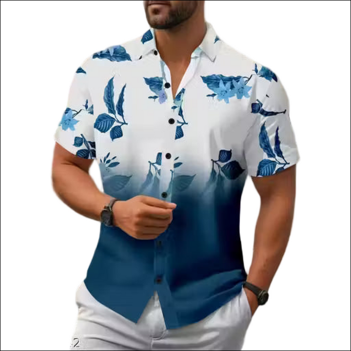 Men's white and navy blue gradient short-sleeve button-down shirt with blue floral print and black buttons.