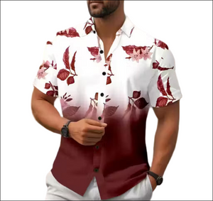 Men's white and burgundy ombre short-sleeve button-down shirt featuring burgundy leaf and floral patterns.