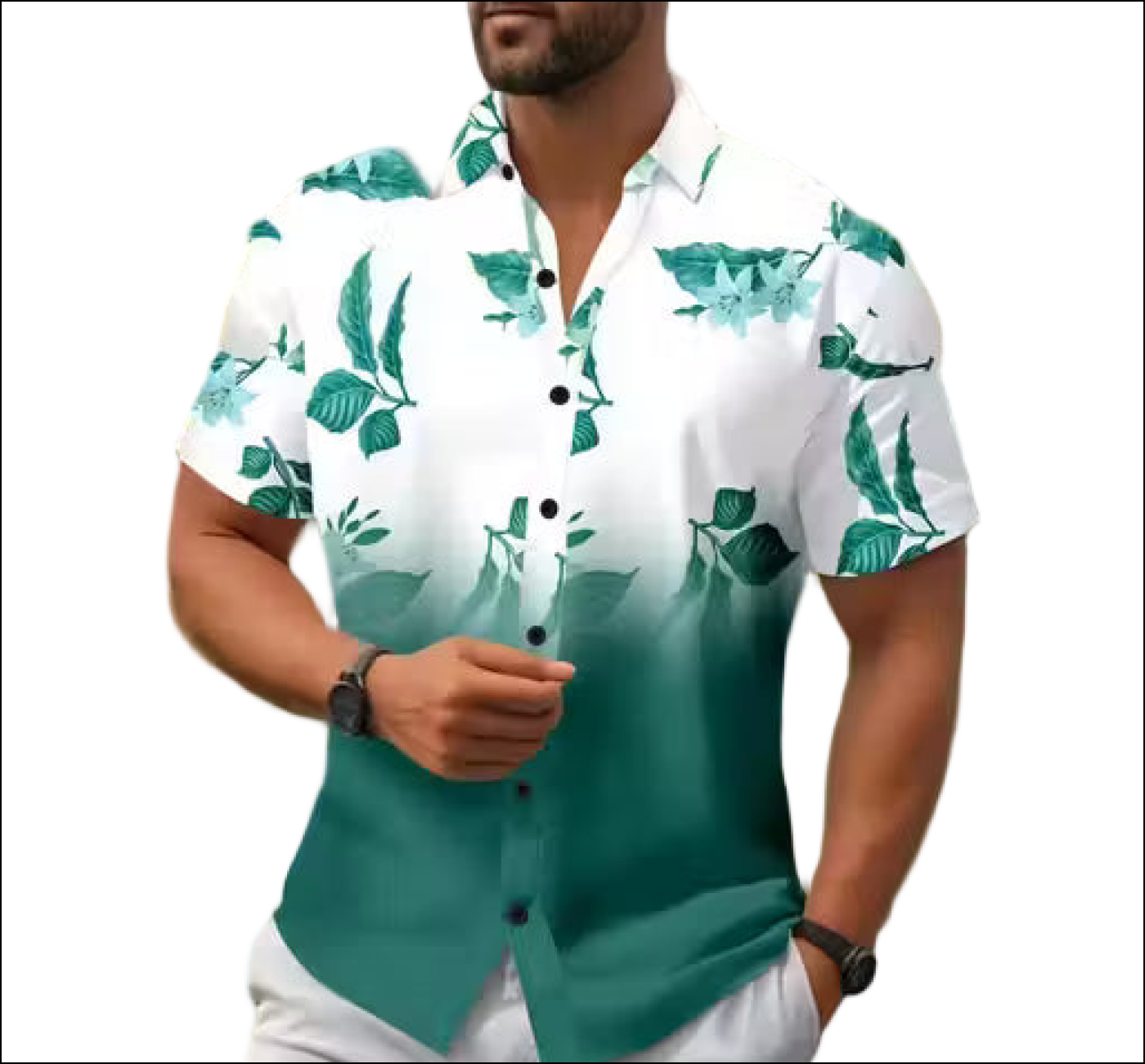 Man's short-sleeve button-down shirt with a white to green ombre effect and teal floral leaf print.