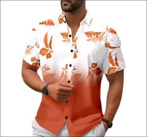 Men's white and orange ombre short-sleeve button-down shirt with an orange floral leaf print and black buttons.