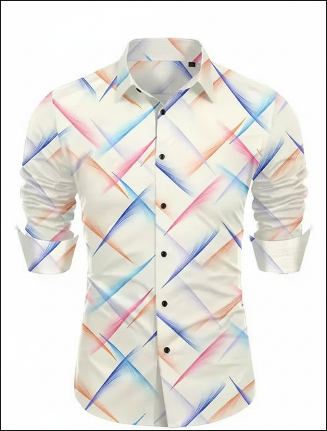 Colorful geometric patterned shirt on a white background