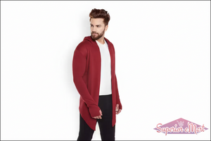 Burgundy hooded open-front cardigan with thumbholes and an asymmetric hem, layered over a white t-shirt.