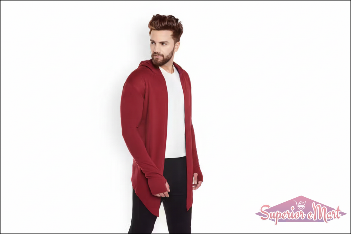 Burgundy hooded open-front cardigan with thumbholes and an asymmetric hem, layered over a white t-shirt.