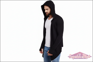 Man wearing a black hooded cardigan over a white shirt on a white background
