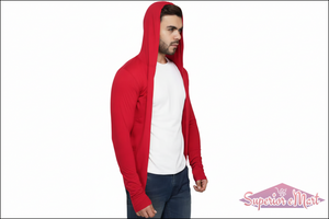 Man wearing a red hooded cardigan over a white shirt on a white background