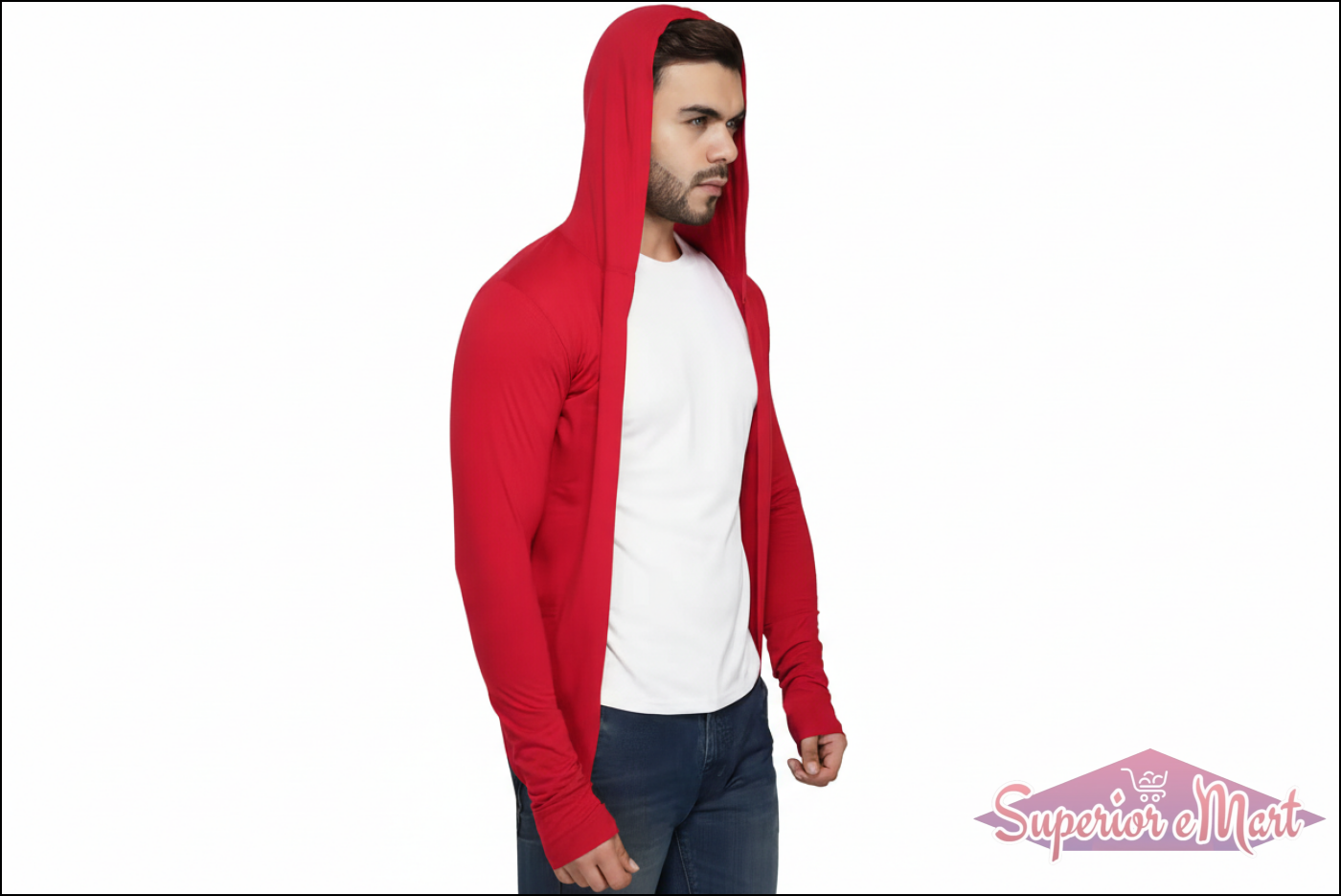 Man wearing a red hooded cardigan over a white shirt on a white background
