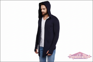 Man wearing a navy blue hooded cardigan  over a white shirt on a white background