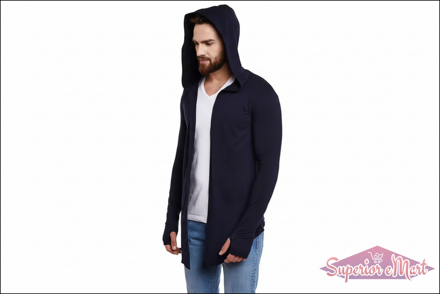 Man wearing a navy blue hooded cardigan  over a white shirt on a white background