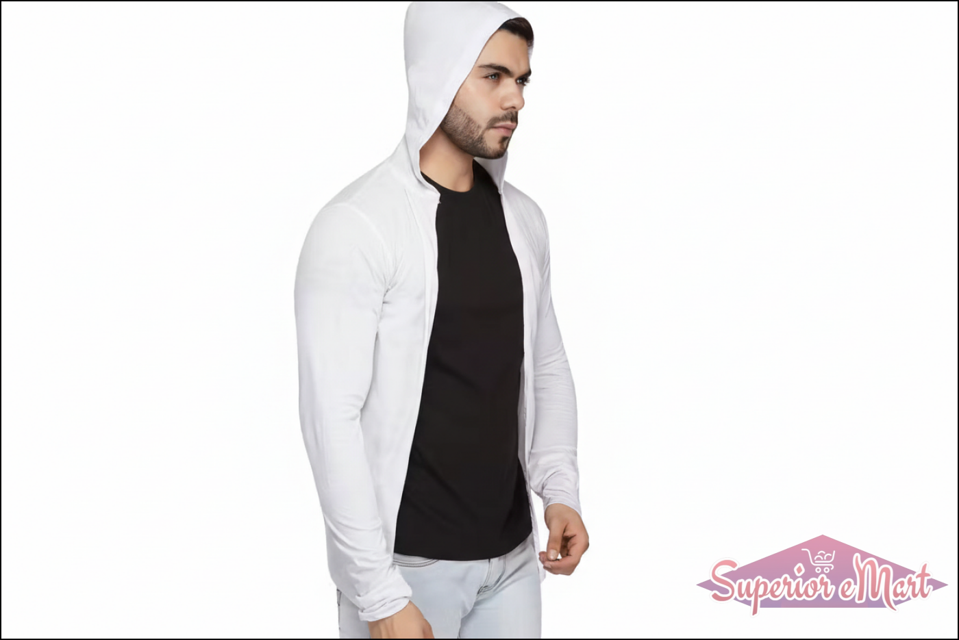 Man wearing a white long-sleeve hooded shrug with an open front, styled over a black t-shirt.