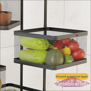 Metal kitchen trolley with wheels featuring mesh baskets for fruits and vegetables with a frosted protective layer