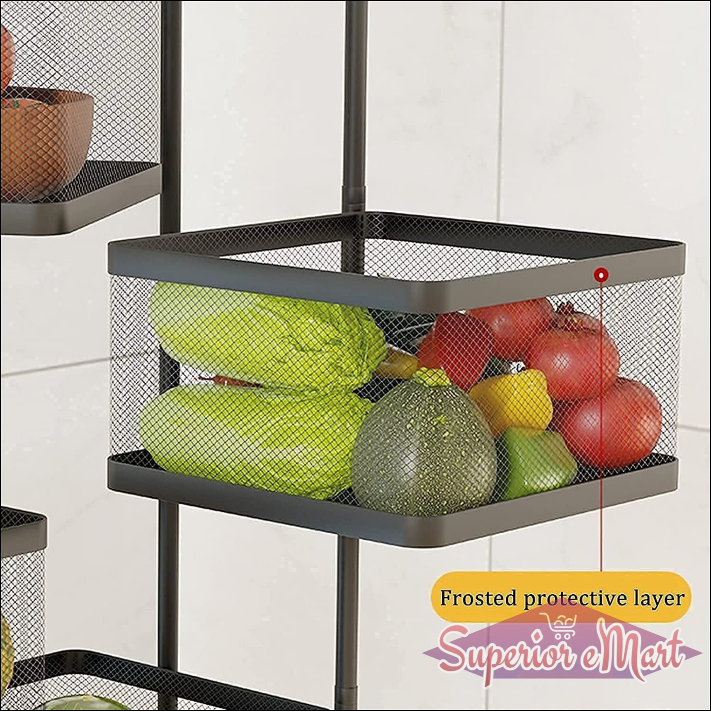 Metal kitchen trolley with wheels featuring mesh baskets for fruits and vegetables with a frosted protective layer