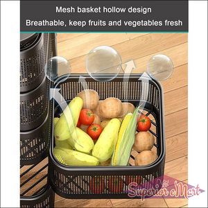 Metal kitchen trolley with wheels featuring a breathable mesh basket design for fresh fruits and vegetables