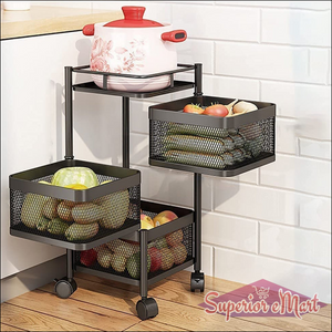 Metal kitchen trolley with wheels featuring three baskets for storage and organization in the kitchen