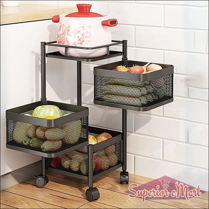 Metal kitchen trolley with wheels featuring three baskets for storage and organization in the kitchen