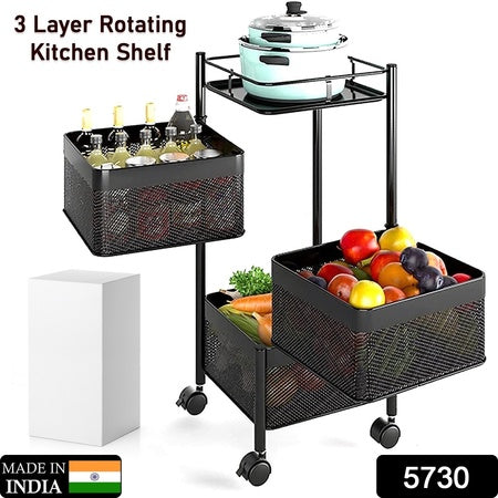 Metal kitchen trolley with wheels featuring a 3 layer rotating design for versatile storage in the kitchen
