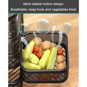 Metal kitchen trolley with wheels featuring a breathable mesh basket design for fresh fruits and vegetables