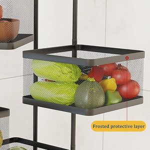 Metal kitchen trolley with wheels featuring mesh baskets for fruits and vegetables with a frosted protective layer