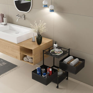 Stylish metal kitchen trolley with wheels for easy storage and organization in a modern bathroom