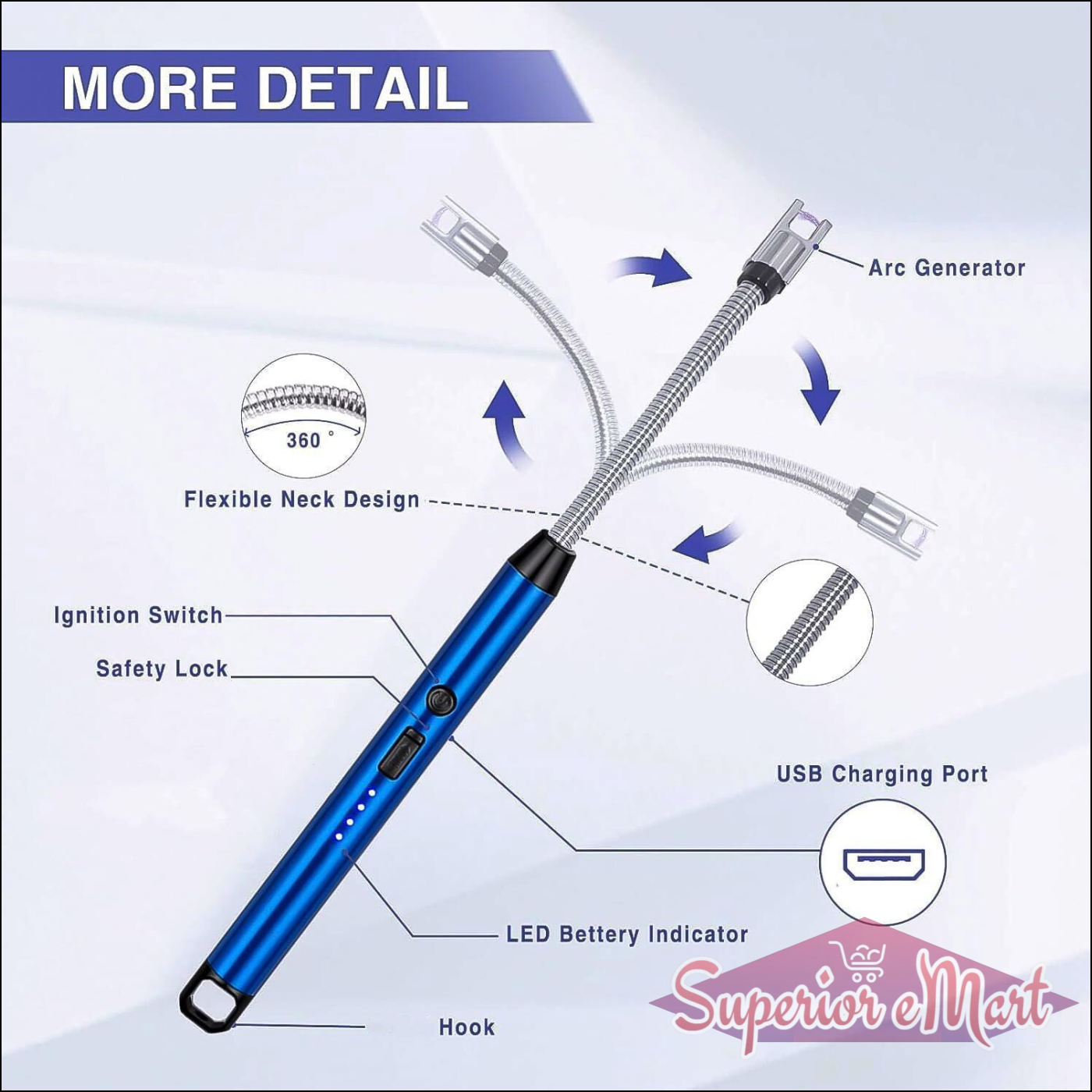 Rechargeable electric arc lighter with a flexible neck design and USB charging port for easy use