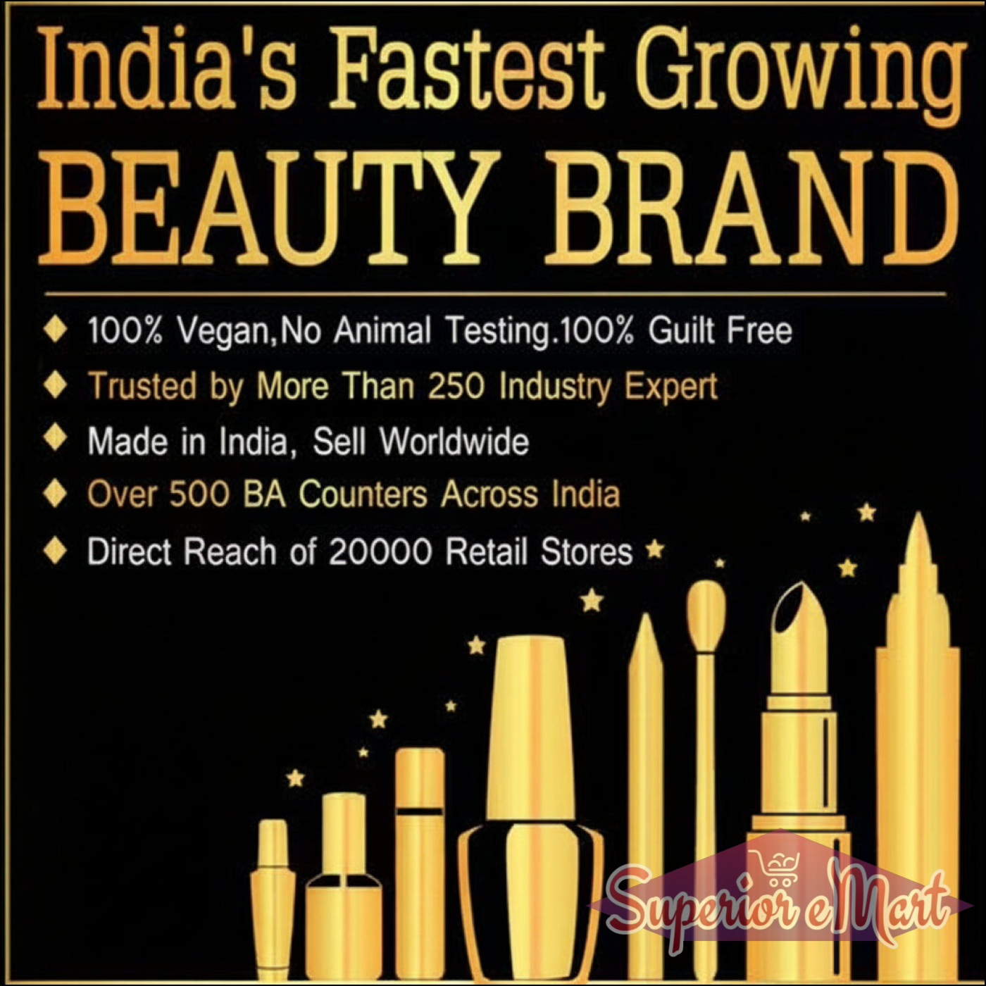 Advertisement for a beauty brand with gold cosmetic products on a black background