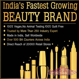Advertisement for a beauty brand with gold cosmetic products on a black background