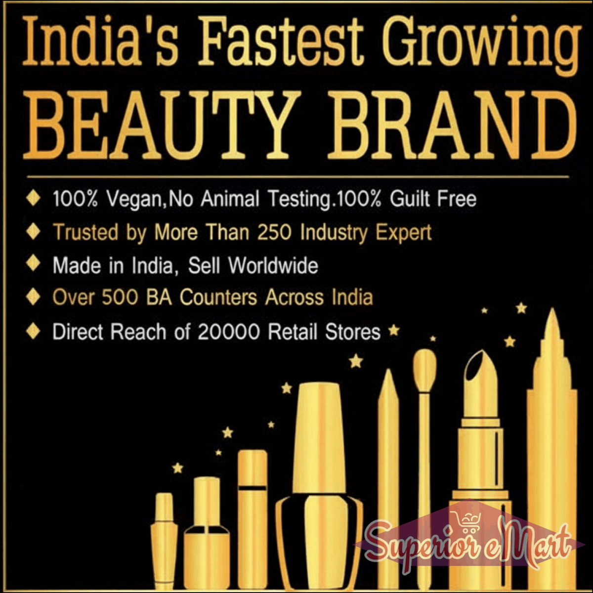 Advertisement for a beauty brand with gold cosmetic products on a black background