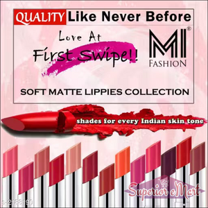 Advertisement for MI Fashion soft matte lipsticks with a red lipstick and color swatches on a pink background.