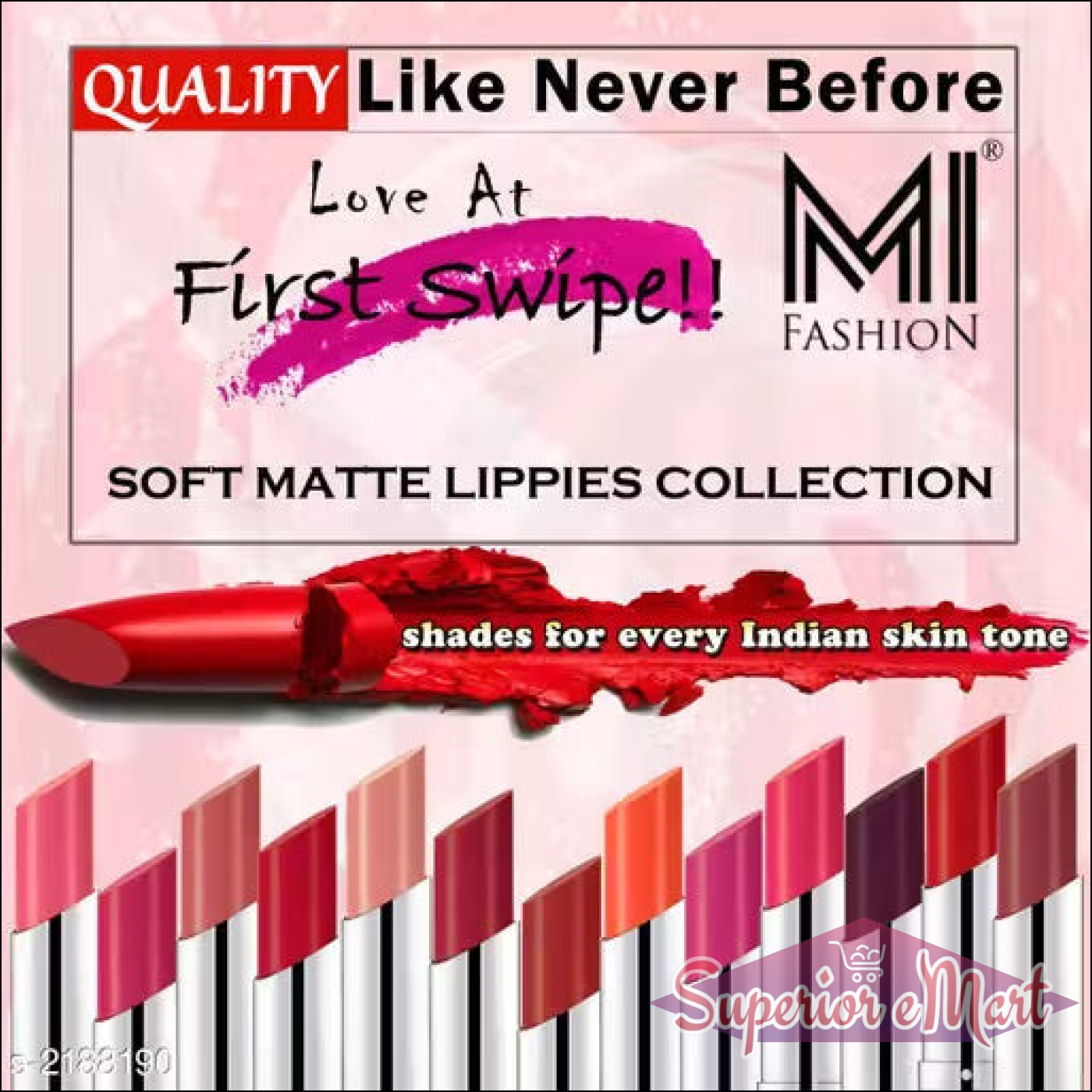 Advertisement for MI Fashion soft matte lipsticks with a red lipstick and color swatches on a pink background.
