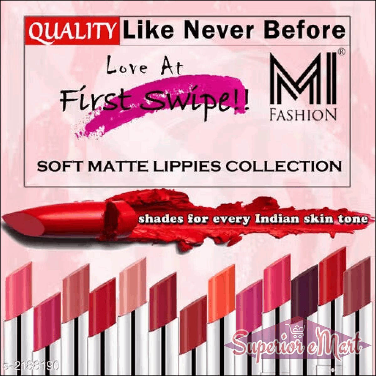 Advertisement for MI Fashion soft matte lipsticks with a red lipstick and color swatches on a pink background.