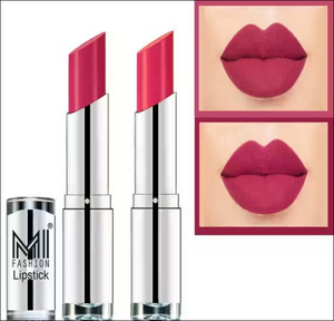 Two lipsticks with silver casings and a close-up of lips wearing the lipstick on a white background.