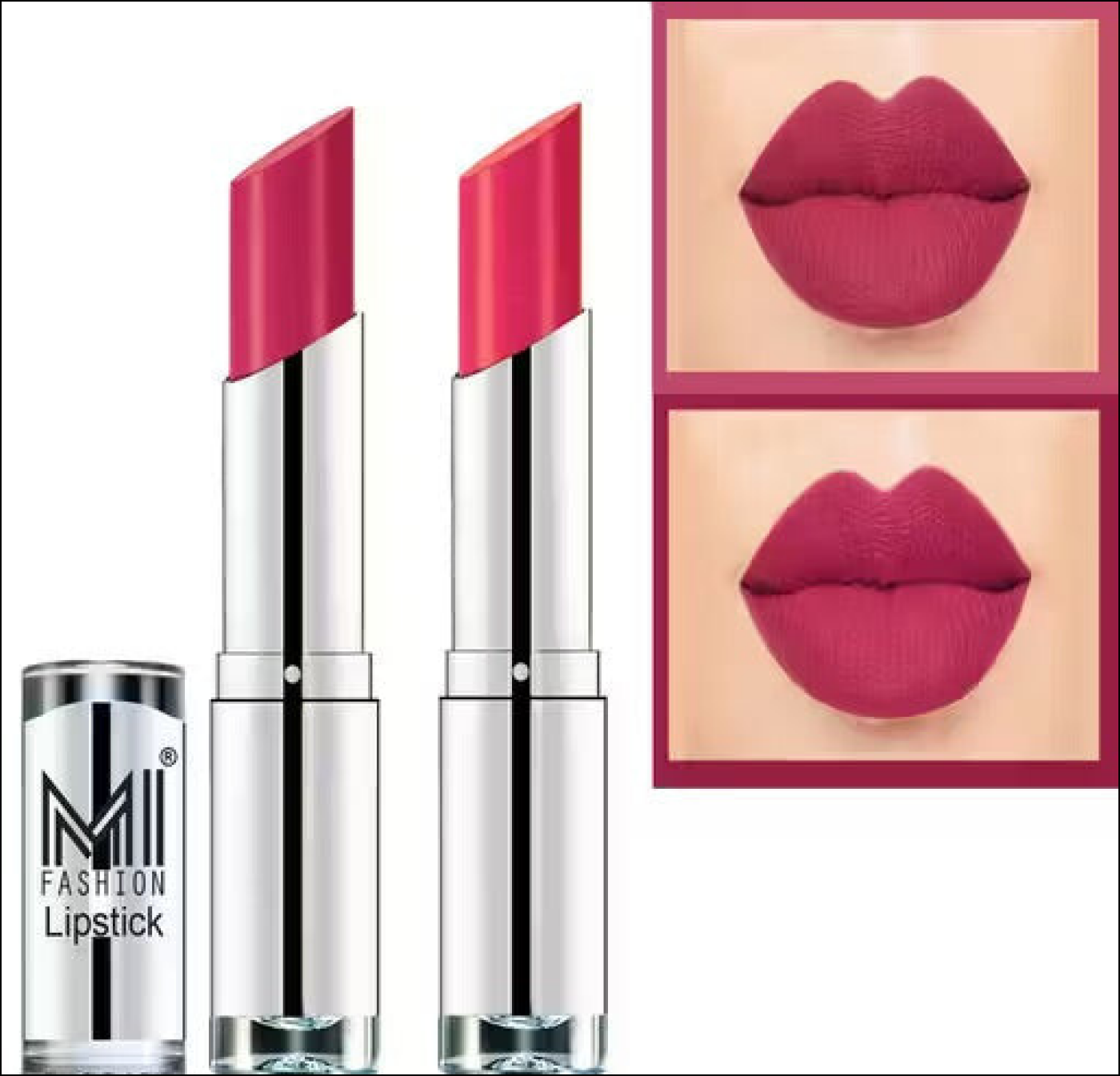 Two lipsticks with silver casings and a close-up of lips wearing the lipstick on a white background.