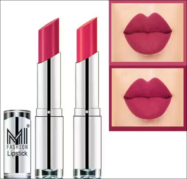 Two lipsticks with silver casings and a close-up of lips wearing the lipstick on a white background.