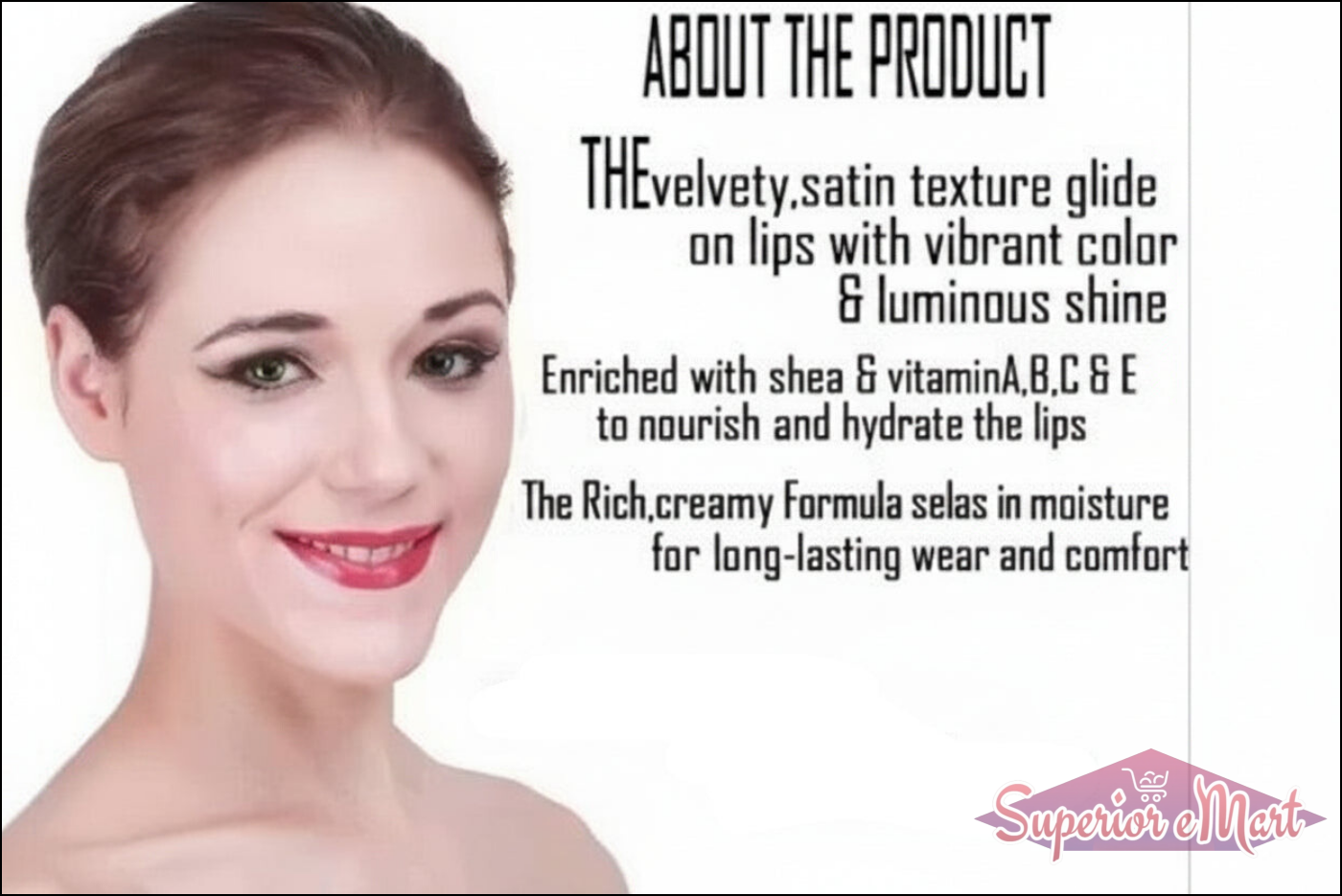 Advertisement for M.I. Fashion lipsticks with a model wearing pink lipstick on a white background.