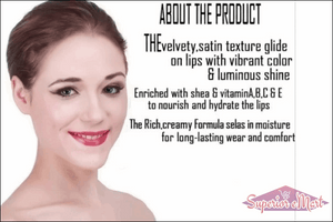 Advertisement for M.I. Fashion lipsticks with a model wearing pink lipstick on a white background.