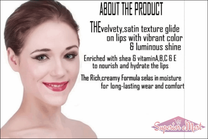 Advertisement for M.I. Fashion lipsticks with a model wearing pink lipstick on a white background.