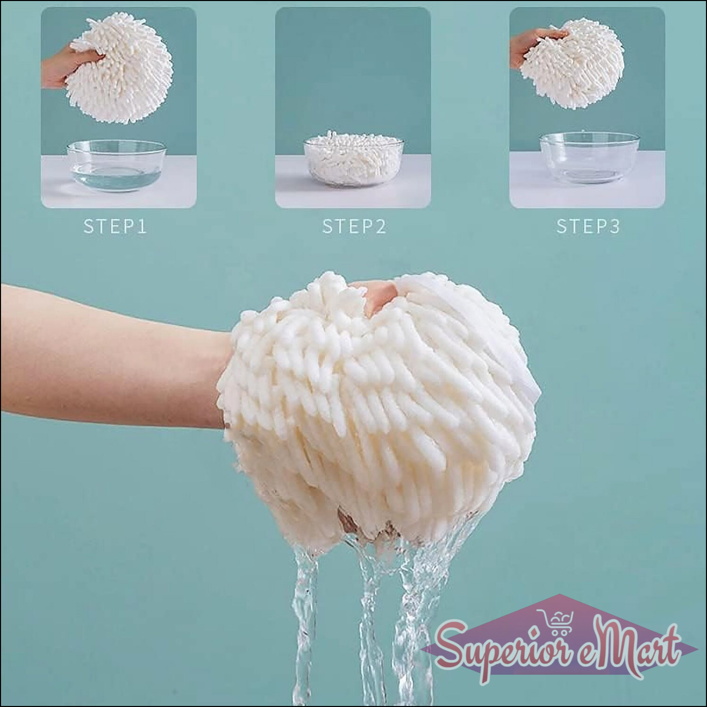 Superior eMart microfiber cleaning duster being squeezed to remove excess water for effective cleaning