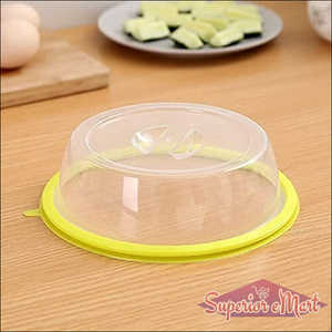Microwave food cover splatter lid in clear plastic with a yellow rim for mess-free microwaving