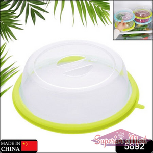 Microwave food cover splatter lid in clear and green, designed to keep food protected in the microwave