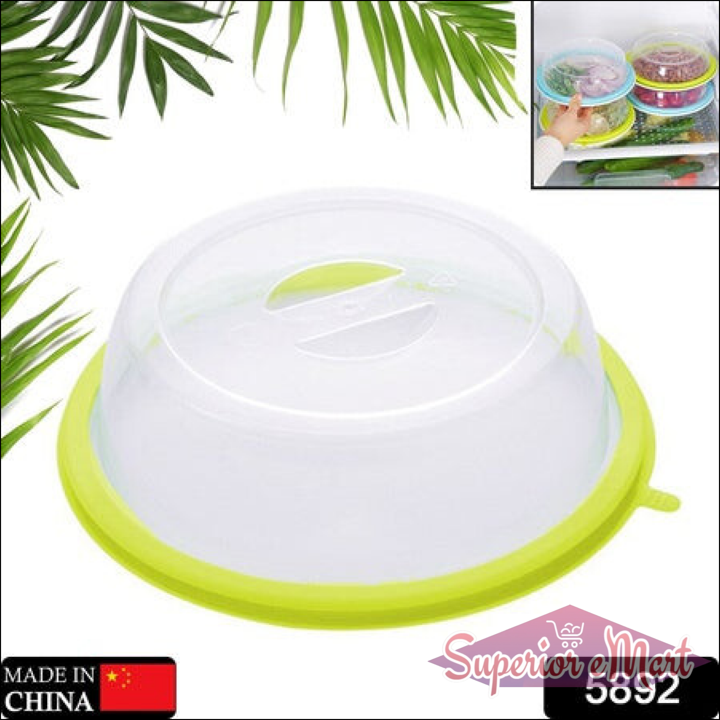 Microwave food cover splatter lid in clear and green, designed to keep food protected in the microwave