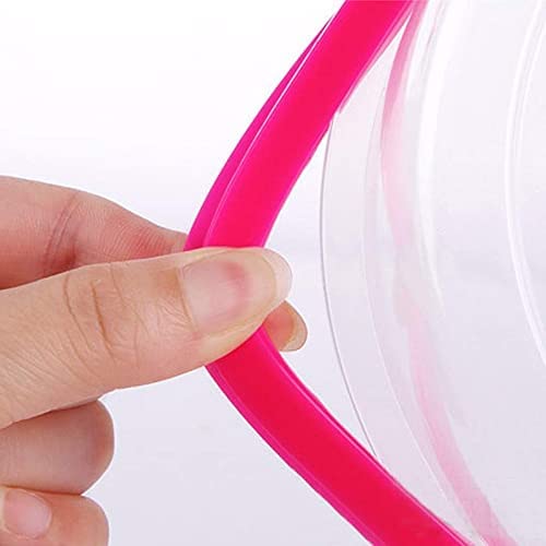 Hands holding a microwave food cover splatter lid with a pink rim for preventing food splatters
