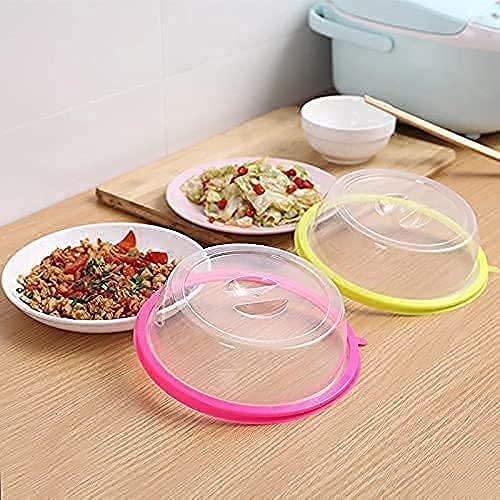 Two microwave food cover splatter lids in pink and yellow for protecting food during microwaving