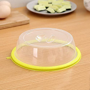 Microwave food cover splatter lid in clear plastic with a yellow rim for mess-free microwaving